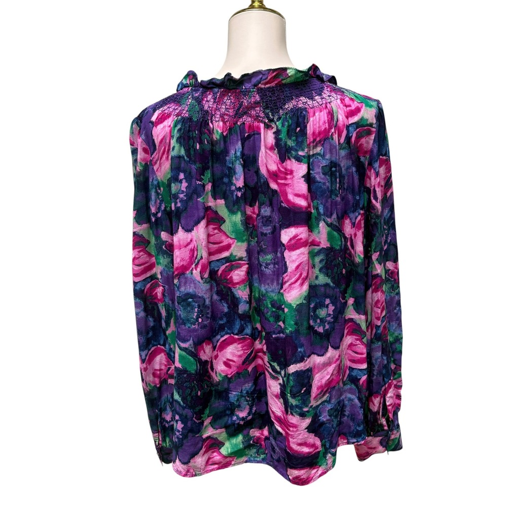 Talbots Floral Blouse XL Purple Pink Smocked Ruffle Neck Watercolor Garden Party - Picture 3 of 9